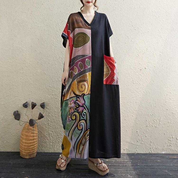 

Vintage Floral Cotton Summer Dress for Women Plus Size Casual Loose Long Maxi Short Sleeve Dresses New In