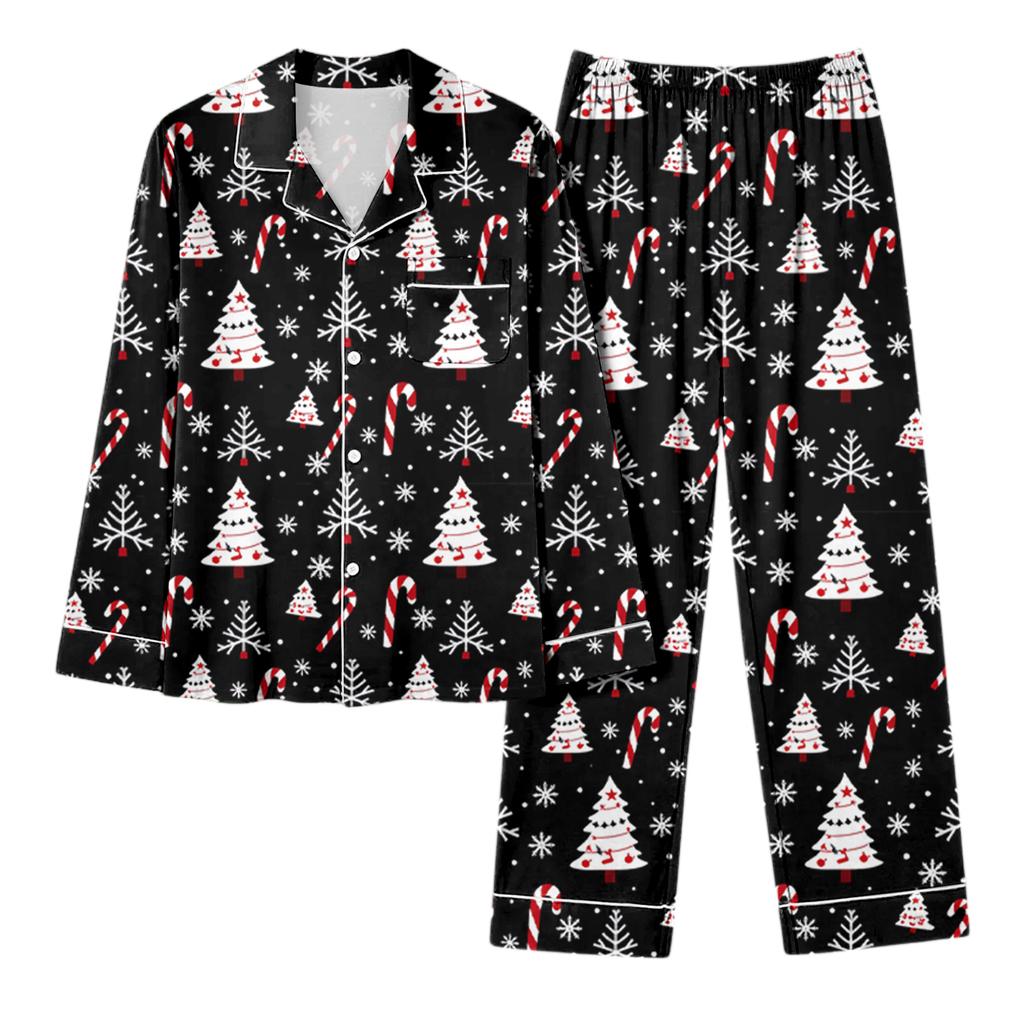 Dames avslappet mote juleprint langermet topp og bukser hjemmesett