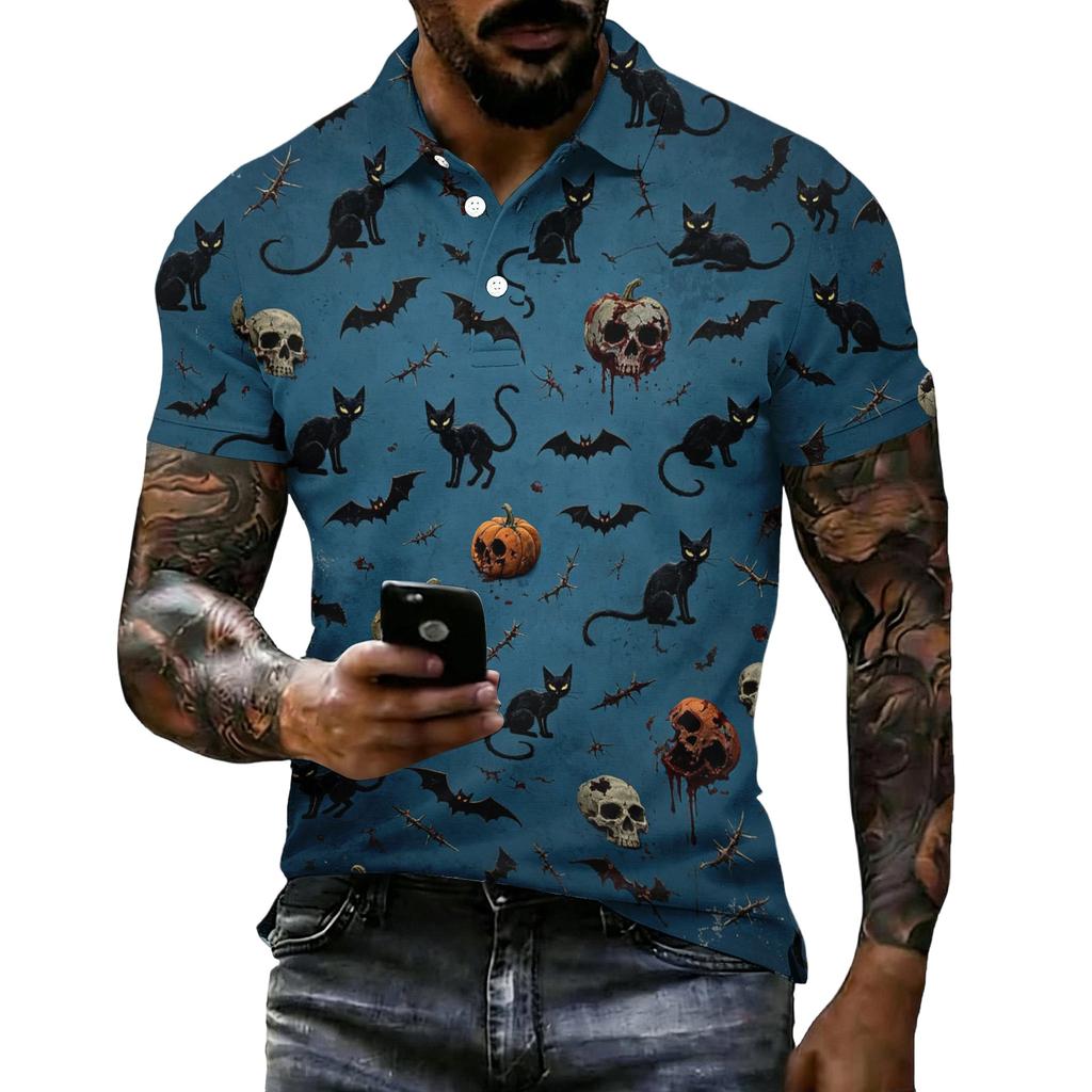 Men's Halloween Print Vintage Texture Short Sleeve Polo Shirt Loose Breathable Summer Sports Streetwear Casual Everyday Top