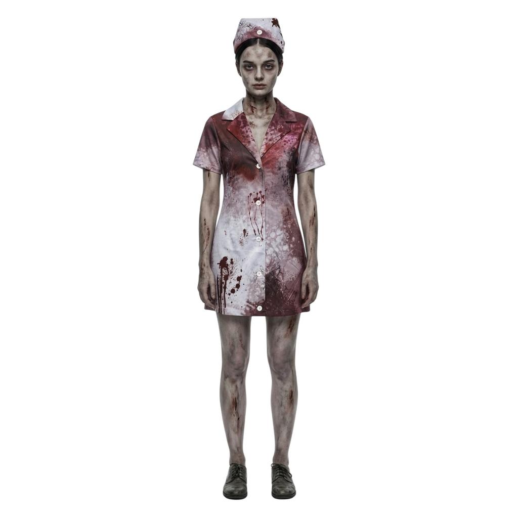 Adult Halloween Nurse Costume Dress Set Bloody Print Short Sleeve Button Front Mini Dress with Matching Hat for Costume Party Role Play