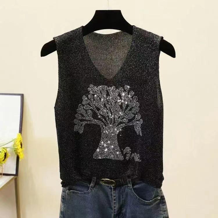 2023 Shiny Silk Sleeveless V-Neck Women's Vest - Spring/Summer New Style, Loose Fit with Hot Diamond Sling Knitted Design