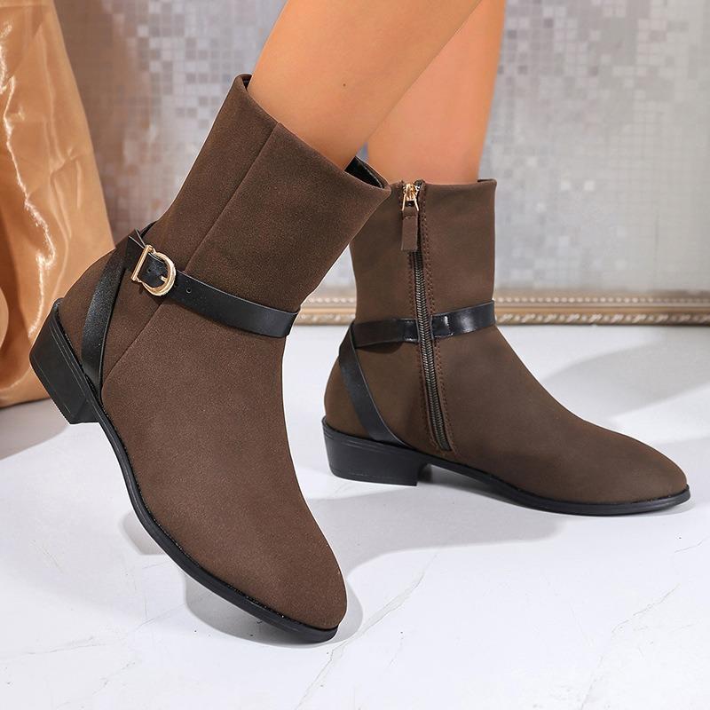 Women's Plus Size Vintage Buckle Pointed Toe Chunky Heel Combat Boots – 2025 Fall New Arrival for Fashion-Forward Export Markets