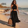 Sleeveless Crop Top Women Women's 2 Piece Outfits, High Neck Halter And Comfortable Summer Pants Wide Leg Matching Set, Beach Vacation Outfits