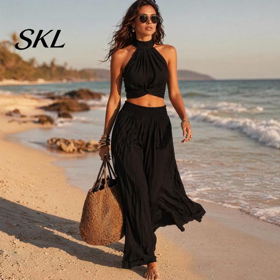 Sleeveless Crop Top Women Women's 2 Piece Outfits, High Neck Halter And Comfortable Summer Pants Wide Leg Matching Set, Beach Vacation Outfits