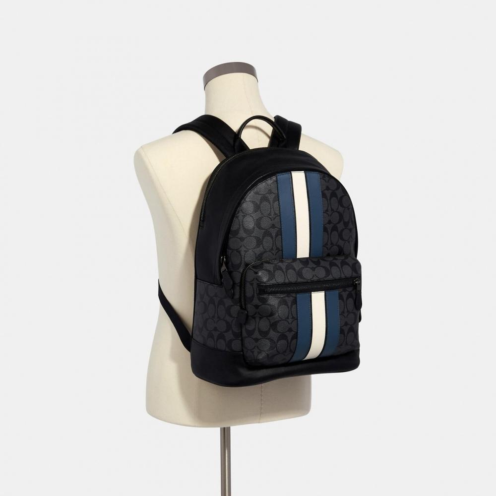 Coach West Backpack In Signature Canvas With Varsity Stripe gunmetal charcoal denim chalk