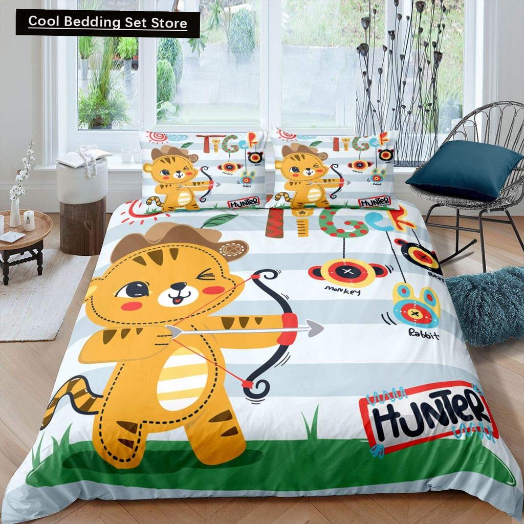 Cartoon Tiger Duvet Cover King Queen Animal Forest Theme Bedding Set for Kids Boys Girls Jungle Wildlife Polyester Quilt Cover