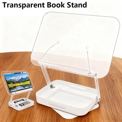 Transparent Book Stand Height Adjustable Book Holder with Storage and 360° Adjustable Base Foldable Tablet Laptop Reading Stand
