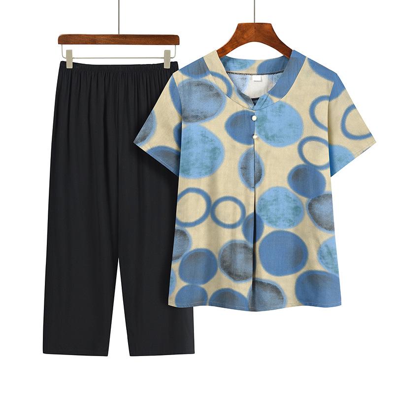 Summer Print Two-Piece Set for Middle-Aged and Elderly Women: Short-Sleeved Top and Grandma Style Outfit