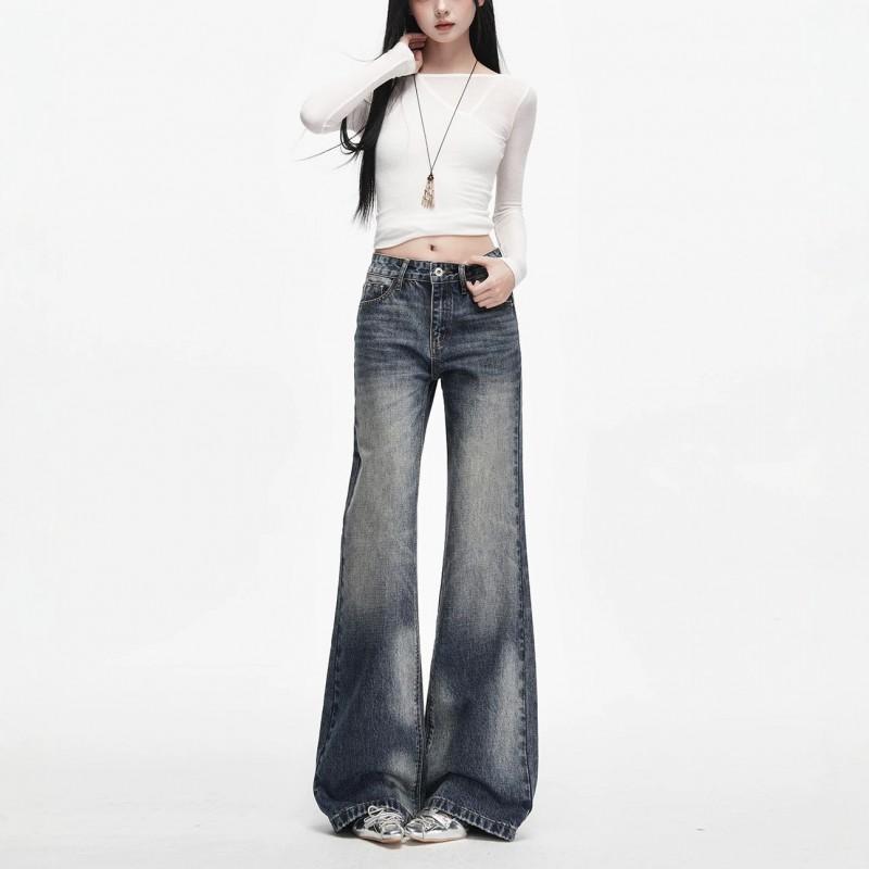 Womens Low-Rise Washed Flared Jeans Stretch Slim Fit Streetwear Denim Pants