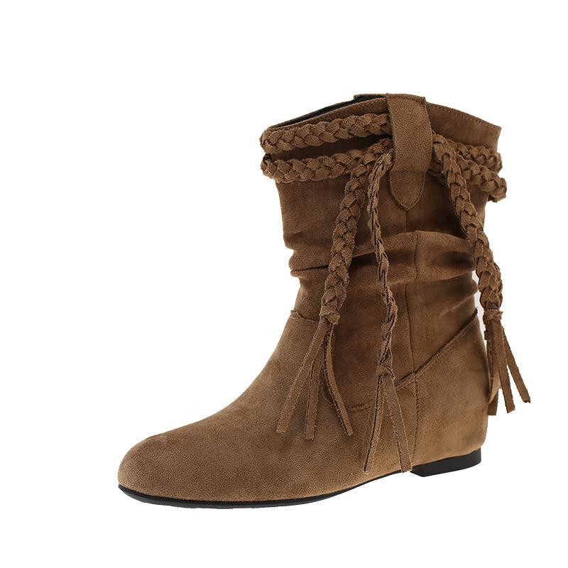 Retro Style Square Head Suede Fringed Strap Thick Heel Medium Boots Women's Autumn 2025 New Sleeve Versatile Fringed Boots