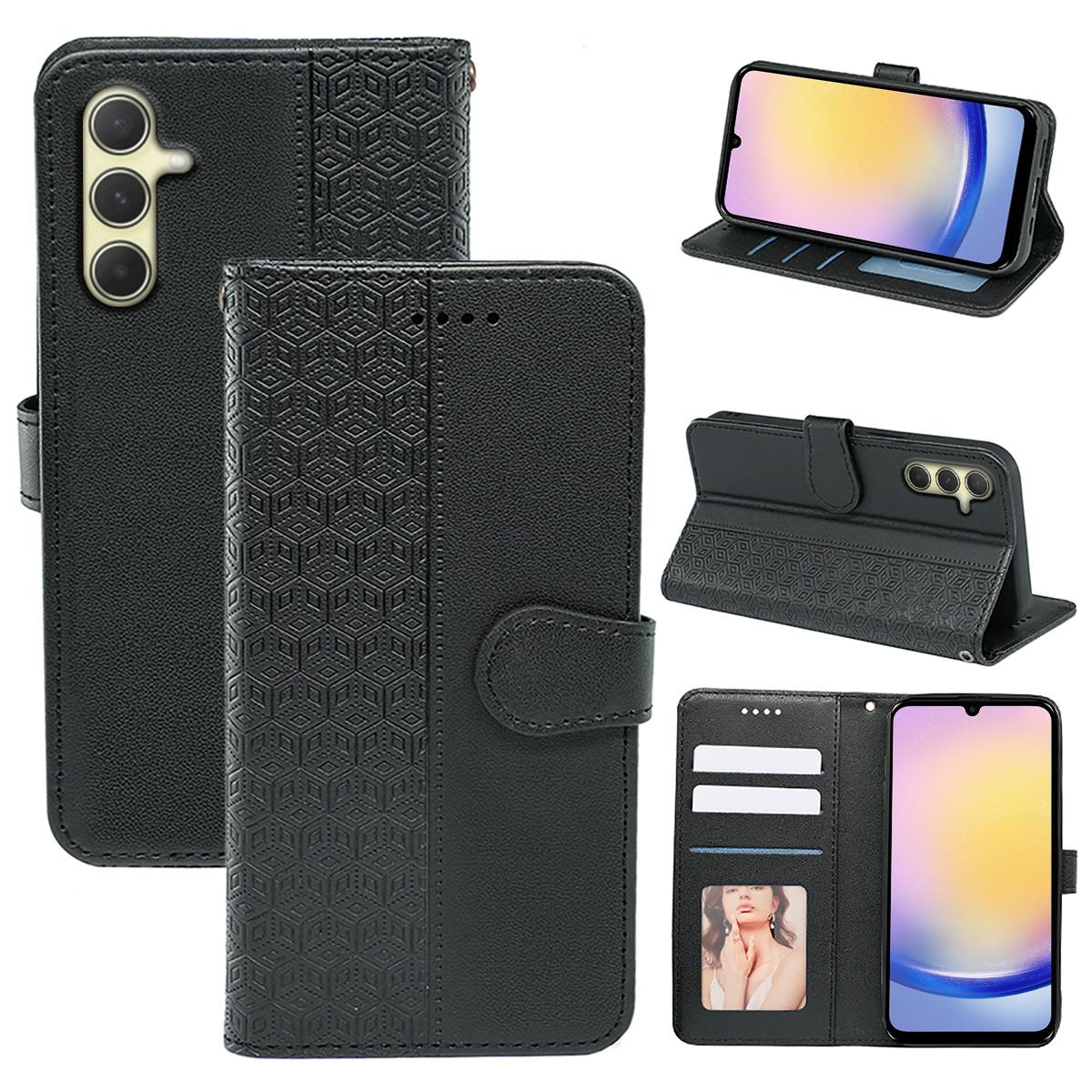 

For Samsung Galaxy A15 4G/A15 5G Case Cubic Grid Imprinted Leather Flip Phone Cover Black
