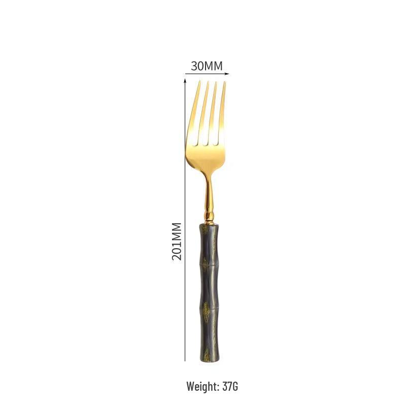 304 Stainless Steel Gold Cutlery Set with Violet Acrylic Bamboo Joint Handles: Includes Knife, Fork, and Spoon for Hotel Light Luxury Use.