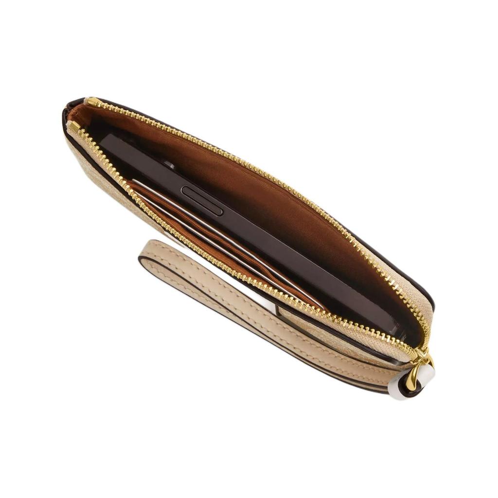 Coach Corner Zip Wristlet 15 Striped Signature Coated Canvas And Recycled Leather Clutch Mini Women clutch Light-Khaki CR945-IMWQJ