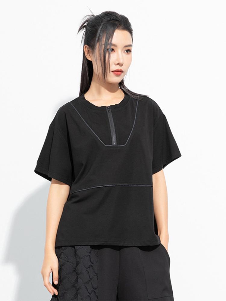 Korean Design Summer Zipper T-shirts Womens 2024 Loose Casual Luxury O Neck Tops Ladies Classic Harajuku Clothes