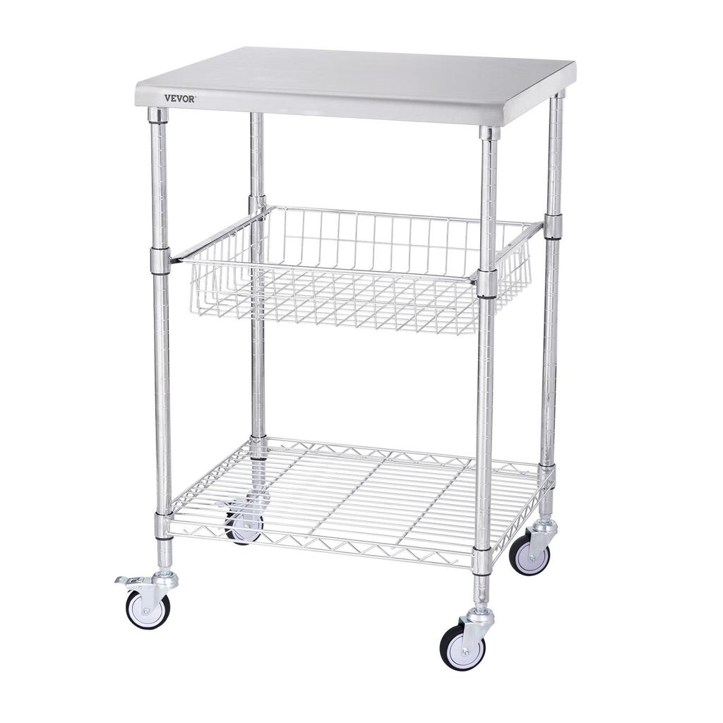Kitchen Utility Cart, 3 Tiers, Wire Rolling Cart with 470LBS Capacity, Steel Service Cart On Wheels, Metal Storage Trolley with 76mm Basket Curved