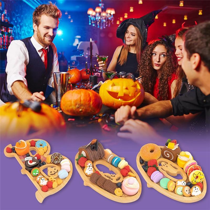 VOFUN-Halloween BOO Charcuterie Board Wooden Serving Tray 3 PCS For Indoor For Kitchen Table Fireplace Decorations