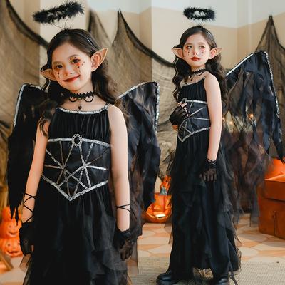 Halloween Costume Girl Spell Demon Angel Wings Dress Dark Elf Dress Black Kids Dress