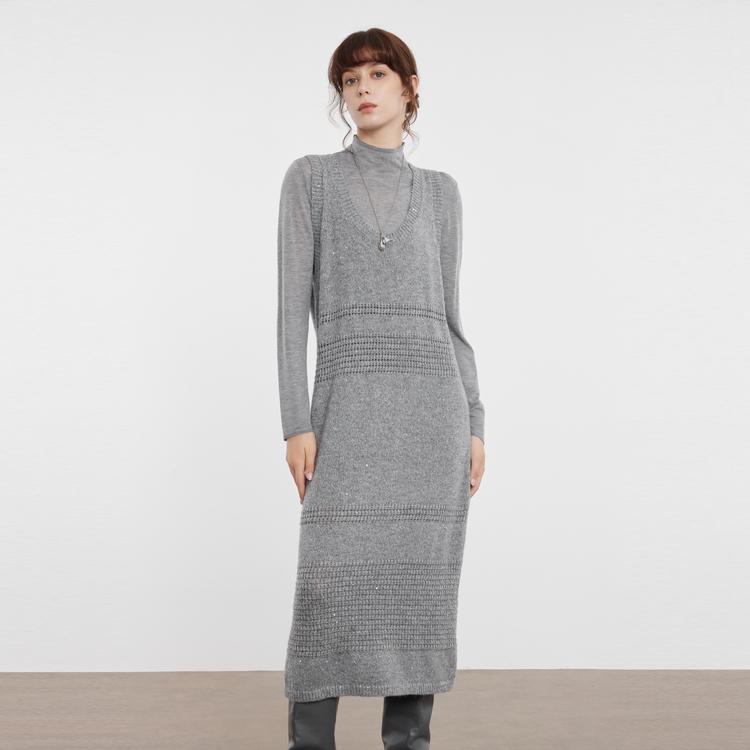 ELLE French High-End Knit Wool Unique Design Long Sleeve Dress Women dresses Medium-Gray EL40188