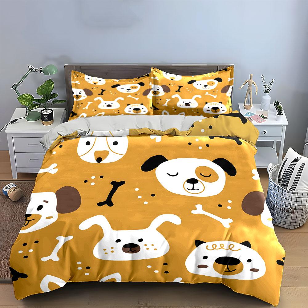 Cute Dog Pattern Three-Piece Set Bedding Set with 1 Duvet Cover 2 Pillowcases Single Double King Queen, Gift