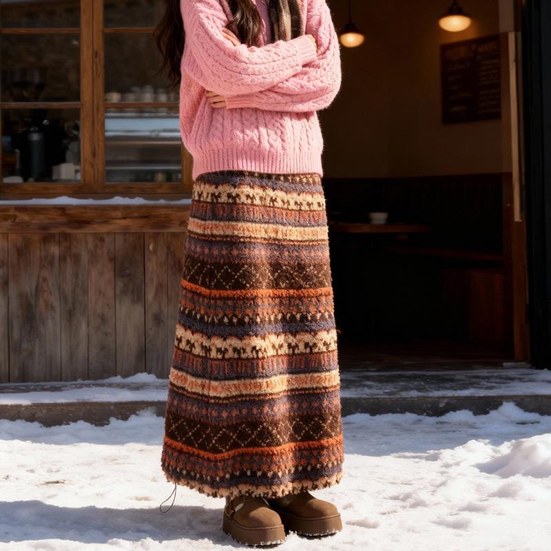 

Fair Isle Ethnic Style Women s Fleece Drawstring Lantern Skirt for Autumn/Winter XL