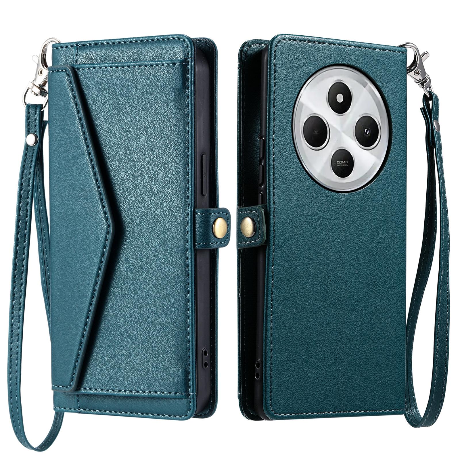 

For Xiaomi Poco C75 4G/Redmi 14R 5G/14C 4G Leather Case with Wrist Strap Wallet Stand Phone Cover Blackish Green