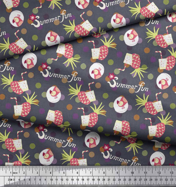 Soimoi Japan Crepe Satin Fabric Dot,Parrot & PineJuice Summer Designs Fabric Prints By Metre 42 Inch