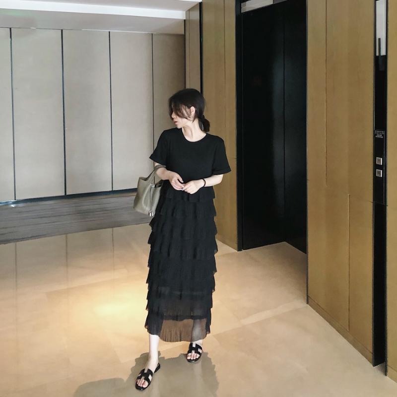 Women Summe  Korean Style Retro Design Thin Cake Little Black Dress Round Neck Short Sleeve Dress For Women