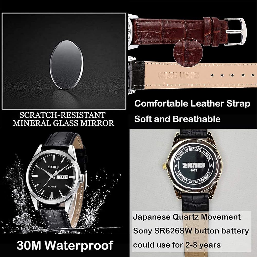 Men's Classic Black Leather Strap Watch Waterproof Quartz Analog Casual Lightweight Date Day Display