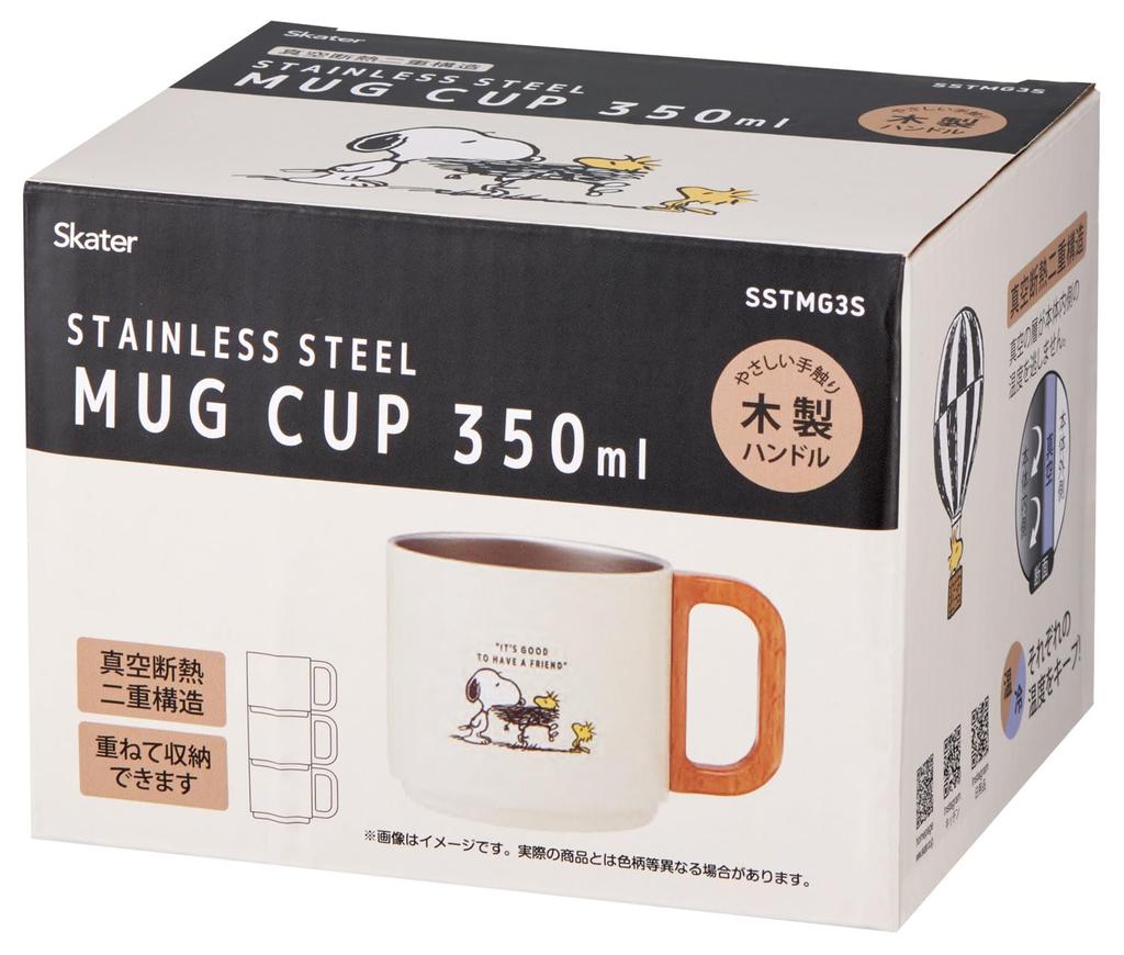 Skater Stacking Stainless Steel Mug 350ml Vacuum Insulated Wooden Handle Snoopy Badge Thermal/Cold SSTMG3S-A
