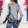 Women Plus Size Asymmetric Cutout Neck Cold Shoulder Long Sleeve Black Gold Printed Fitted Top