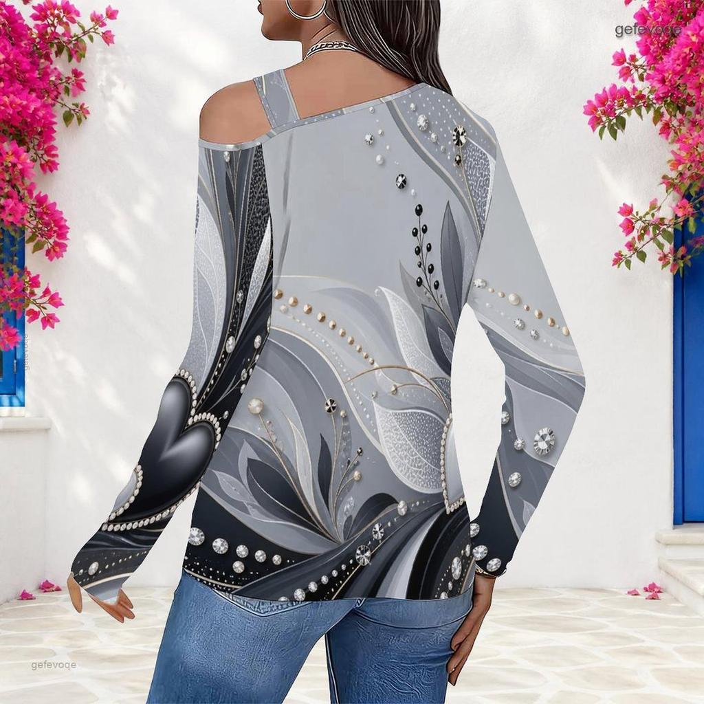 Women Plus Size Asymmetric Cutout Neck Cold Shoulder Long Sleeve Black Gold Printed Fitted Top