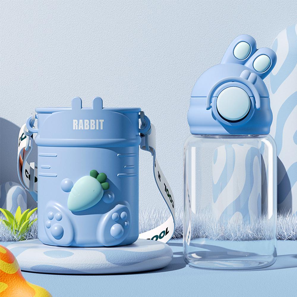 600ML Cartoon Bunny Kids Water Bottle With Straw Children Plastic Cup Lightweight Anti-falling Leakproof Drinking Bottle Drinkware