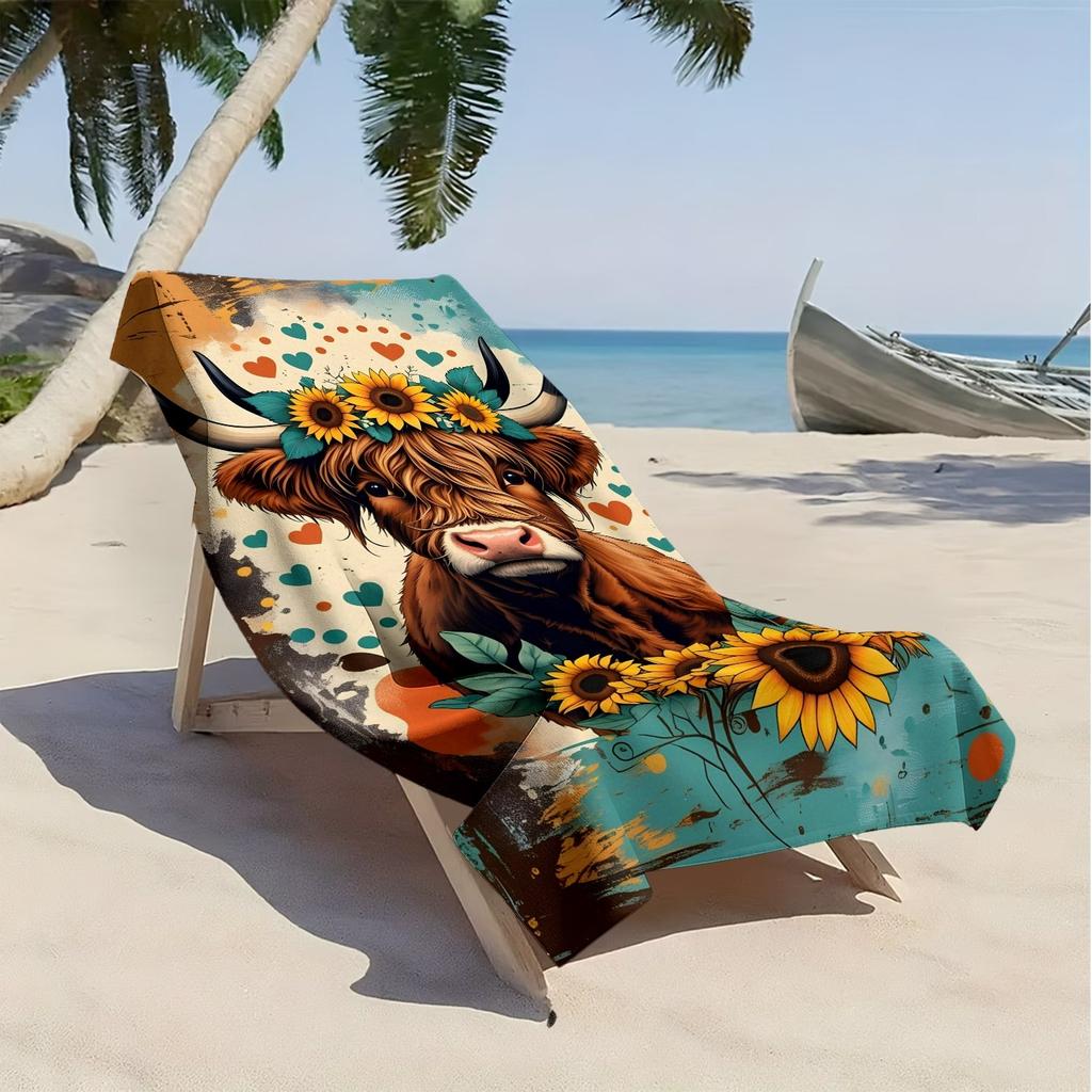 Retro floral highland cow pattern polyester microfiber beach towel is highly absorbent, suitable for swimming and beach outings