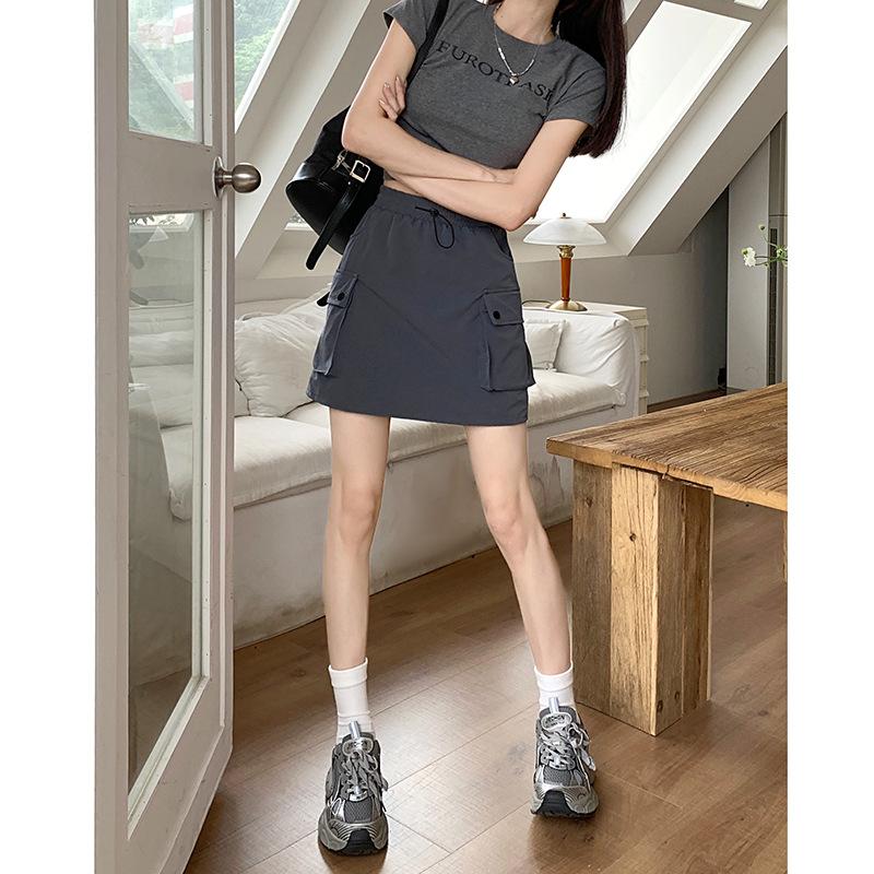 Elastic waist drawstring tooling skirt women's summer new spicy cool high waist design sense niche A-word skirt