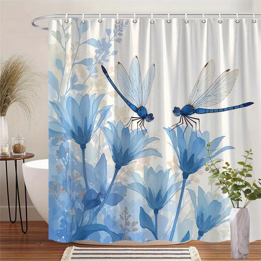 

1Pc Blue Floral And Dragonfly Patterned Shower Curtain With Hooks, Made Of Polyester Fabric, Suitable For Bathroom Dcor. W60H190(CM)-1 Pcs