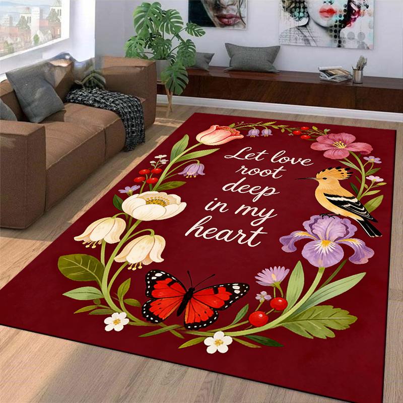 Colorful Floral Carpet with Bird, Butterfly, and Heartfelt Quote Design Suitable for Use As an Anti-slip for Living Room Bedroom Sofas