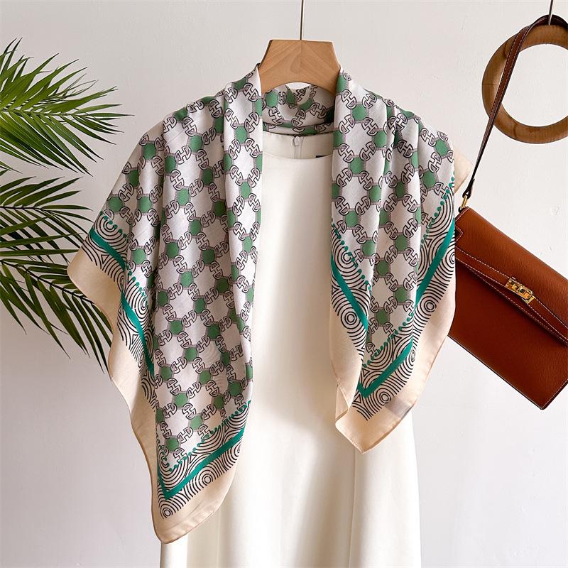 Light Luxury Simple Grid 90 Simulation Silk Large Square Scarf Retro Printed Shawl Versatile Herringbone Scarf Headscarf Women