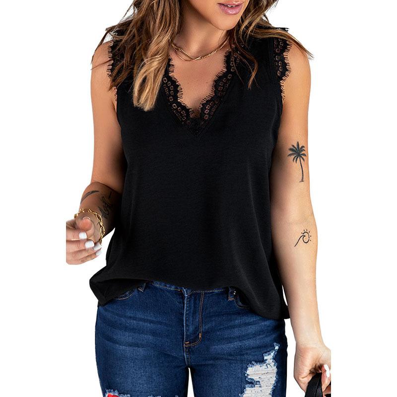 Women's V Neck Sleeveless Tank Top Loose Lace Trim Solid Color Casual Camisole