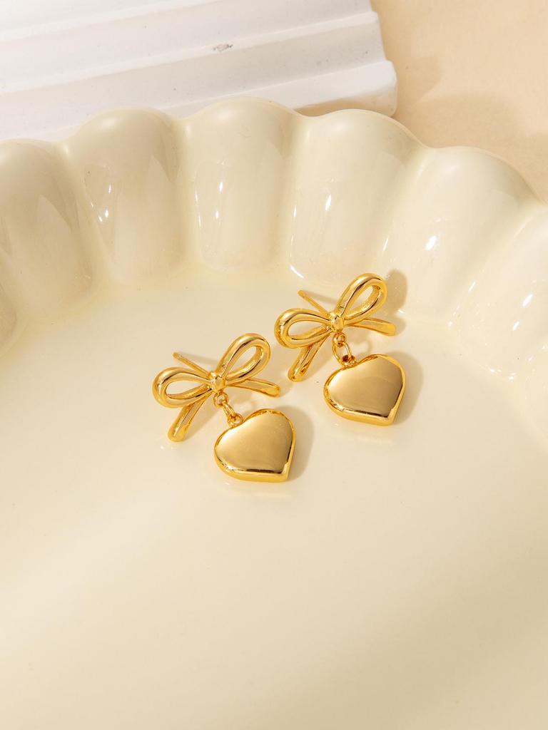 Elegant Gold Bow & Peach Heart Necklace and Earrings Set for Women - Stainless Steel Chain