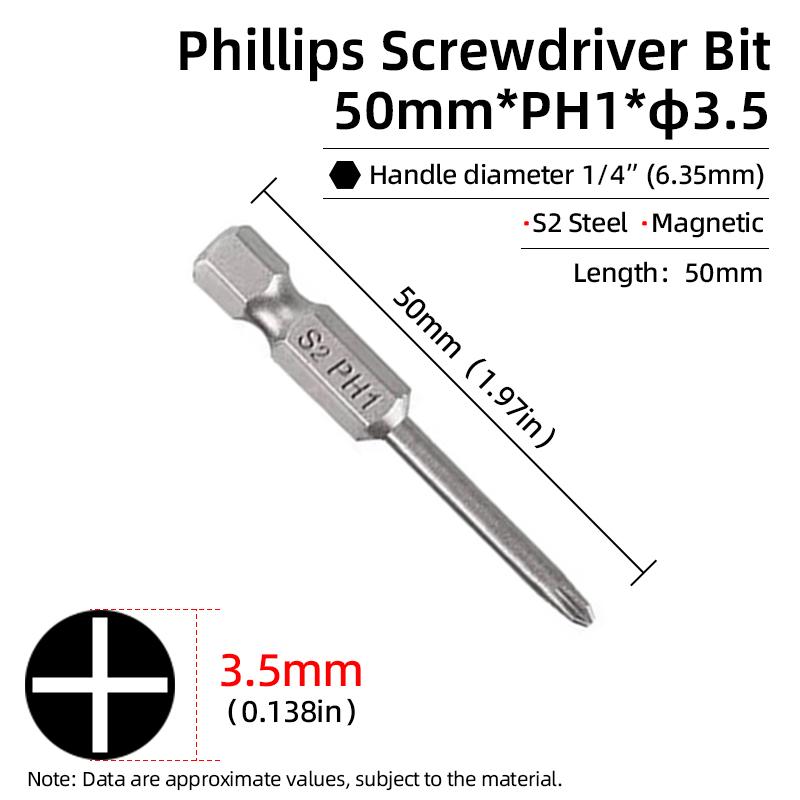 50mm Phillips Screwdriver Bit PH00/PH0/PH1/PH2 1/4” Hex Shank Magnetic S2 Steel Cross Head Screw Driver Bits Hand Power Tools