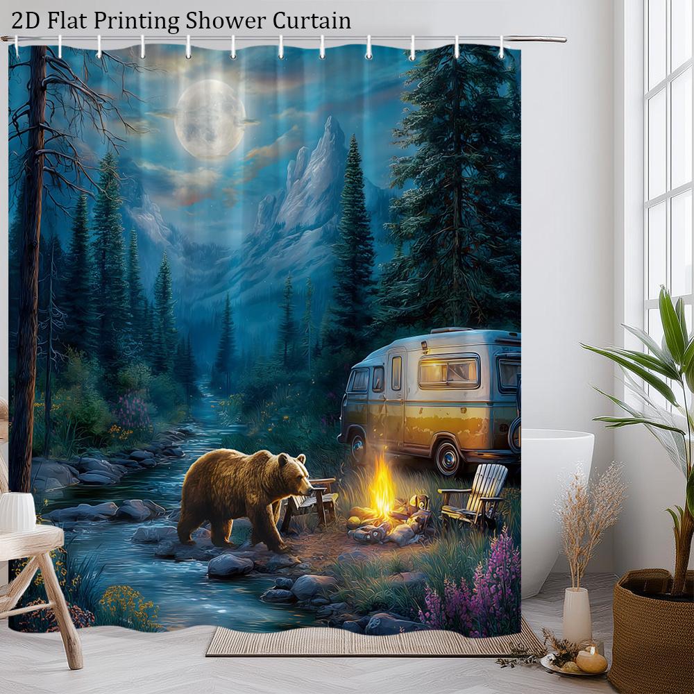 Camping Bear Shower Curtain Moonlit Forest, Bear At Campfire & Retro Van, Outdoor Nature Bath Curtain For Men And Home Decor