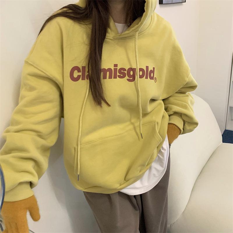 Padded Hooded Sweatshirt Women Autumn and Winter Loose Letter Printed Student Long Sleeve Tops Fashion Retro Versatile Sweatshirt
