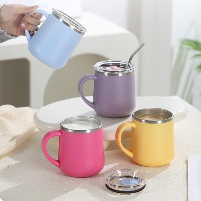 Kaffeebecher mit Henkel und Schiebedeckel, Reisebecher aus Edelstahl mit Henkel, Doppelwandig vakuumisoliert, Campingbecher