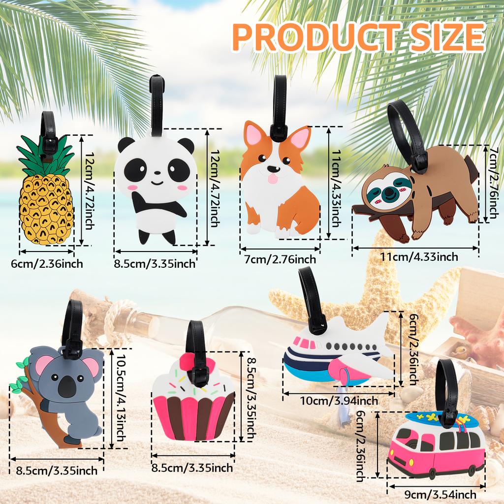 8Pcs Cartoon Luggage Tags Suitcase Identify Labels PVC Travel Baggage Tags with Adjustable Strap for Suitcases Travel Bag Decor