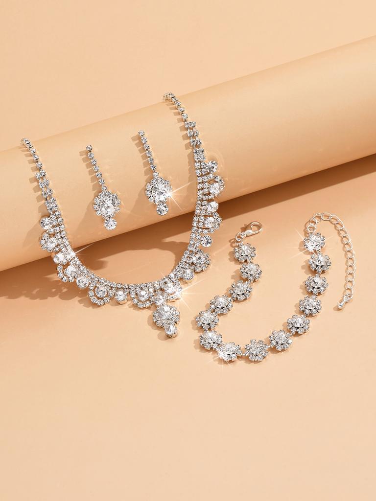 4pcs women's fashion Zircon set rhinestone women's earrings necklace bracelet Zircon set wedding dress banquet party accessori