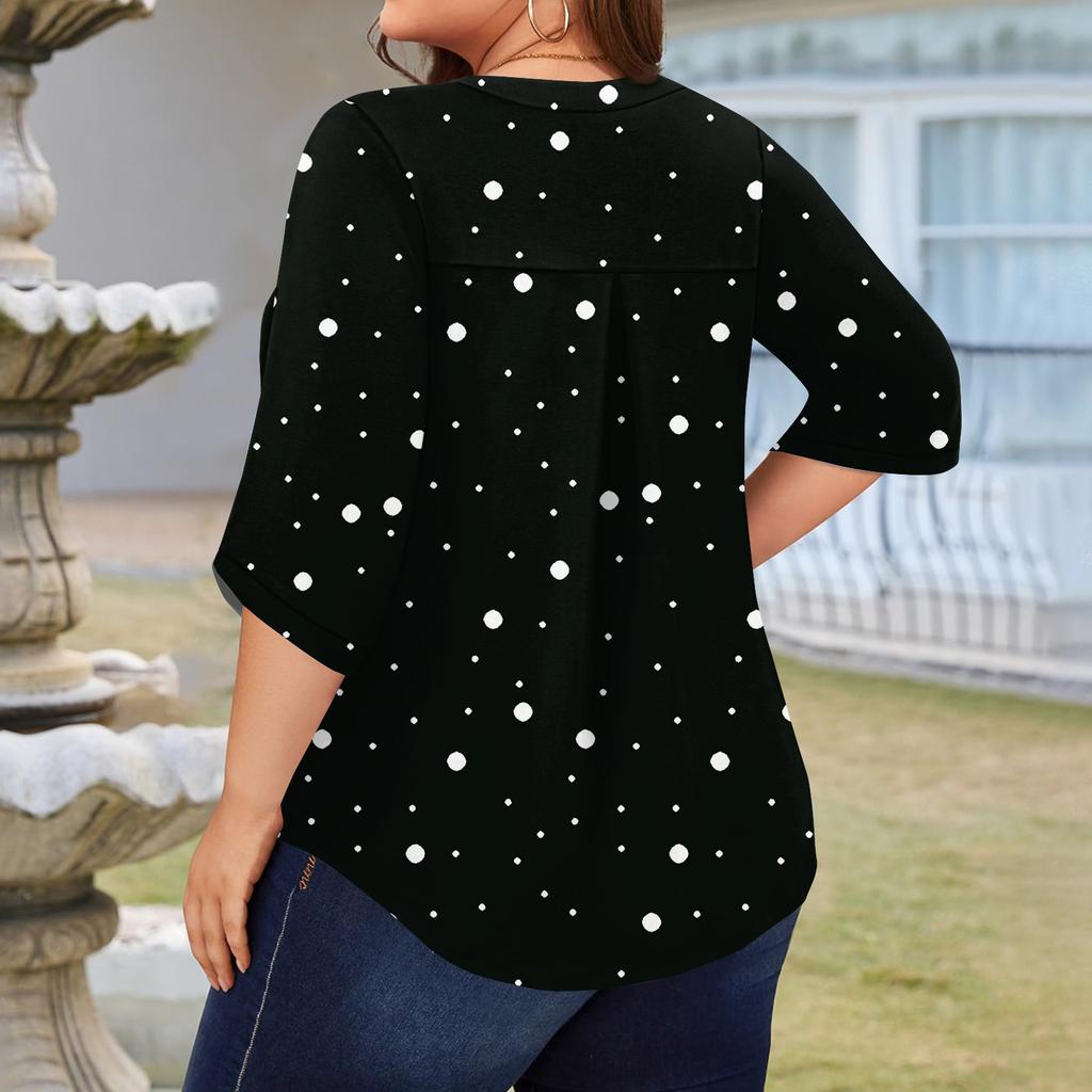 Women's Fashion Large Size Print V-Neck Three-quarter Sleeve Top