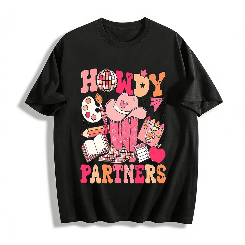 Howdy Partners Western Campus Style Cowboy Element Casual T-Shirt Pure cotton T-shirt XXS