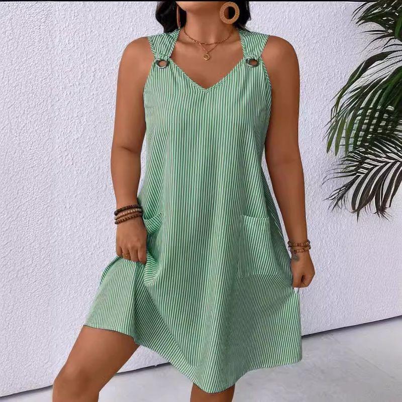 Europe and America Cross Border Export Summer Tide Casual Women's Stripes Sleeveless Sling Dress Pocket Vest Short Skirt Plus Size Loose