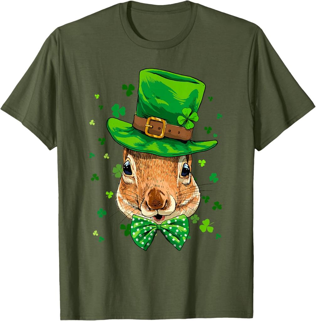Squirrel Leprechaun St Patricks Day Graphic Print Cotton Crew Neck T-Shirt Casual Trip Tee