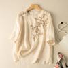 Summer Round Neck Medium Sleeve Embroidered Chic Top Literary Retro Loose Temperament Cotton and Linen T-shirt New